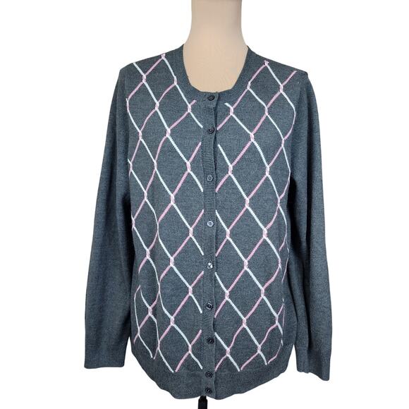Large Grey Gray Pink White Large Cardigan Sweater - Picture 1 of 5